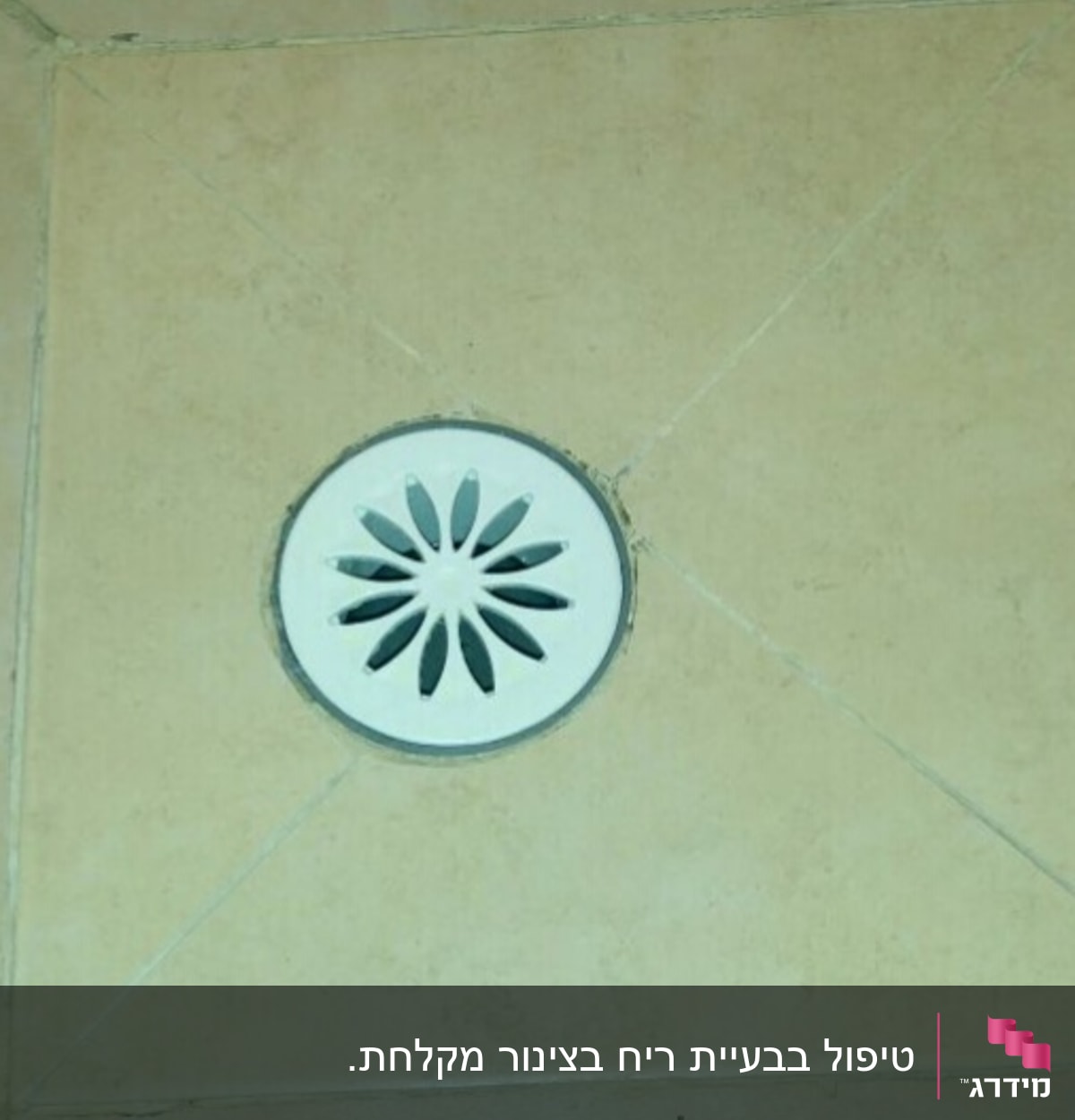 ניקוז המקלחת. יהודה התקין לוכד ריח והרכיב מסננת חדשה, כולל הריצוף מסביב לניקוז.